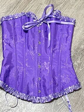 Purple Satin Floral Corset Top with Ribbon Tie